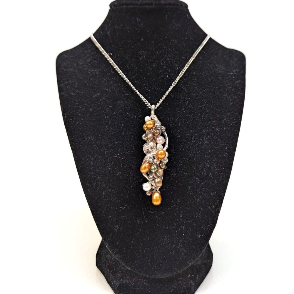 Beaded Pearl Silver Cluster Necklace